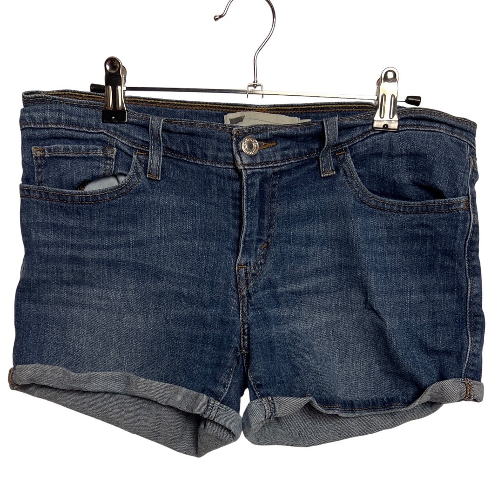 Levis Women Medium Wash Denim Cuffed Shorts Size 27 Stretch Mid Rise Blue Iconic